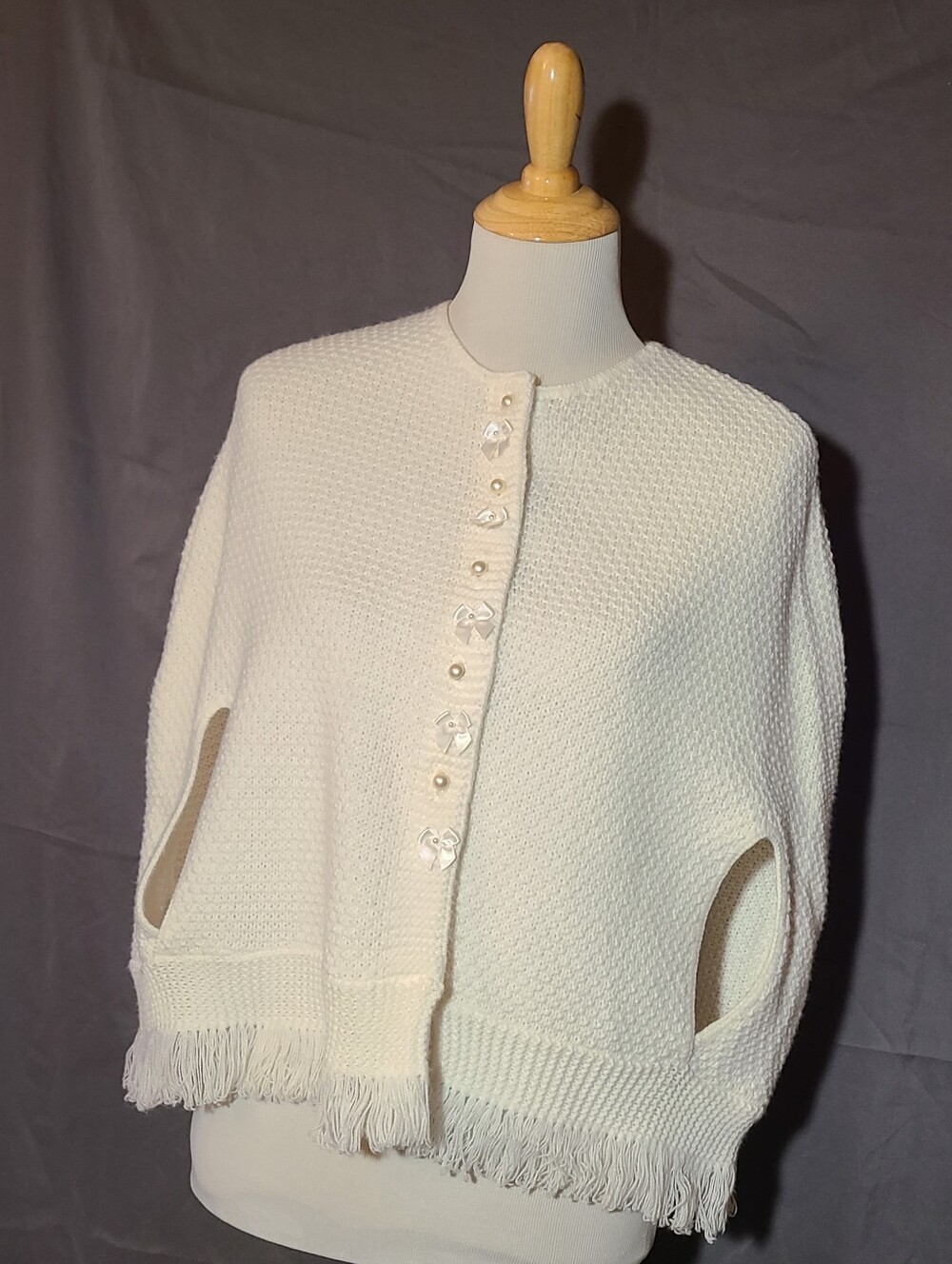 Ivory Fringe Button-Front Women's Knit Poncho